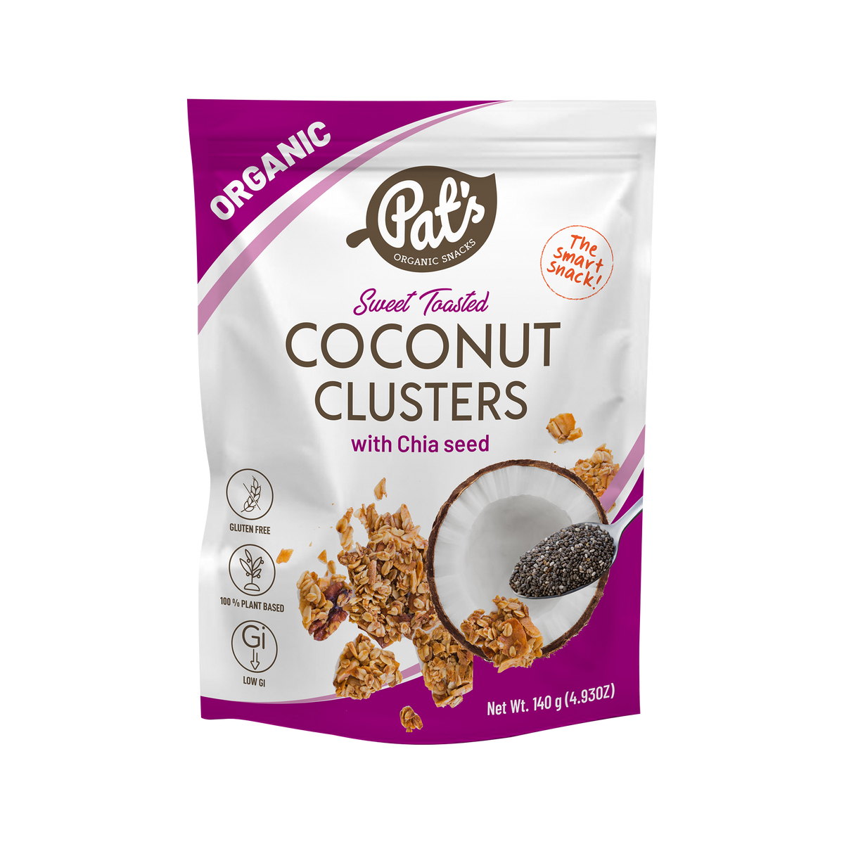 Pat's Organic Coconut Clusters with Chia Seeds 140g pack