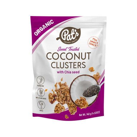 Pat's Organic Coconut Clusters with Chia Seeds 140g pack