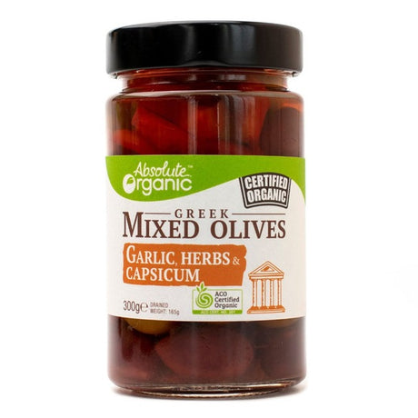 Absolute Organic Greek Mixed Olives - Garlic, Herb & Capsicum 300g