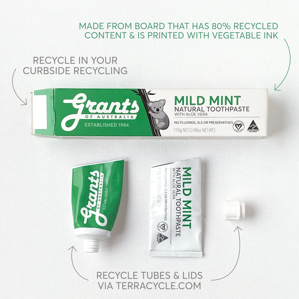 Grants of Australia Fresh Mint Natural Toothpaste Fluoride Free 110g