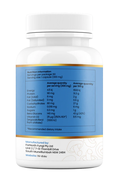 Hi-D Natural Vitamin D 1000IU + Beta Glucan 100% Shiitake Mushroom Powder 60C