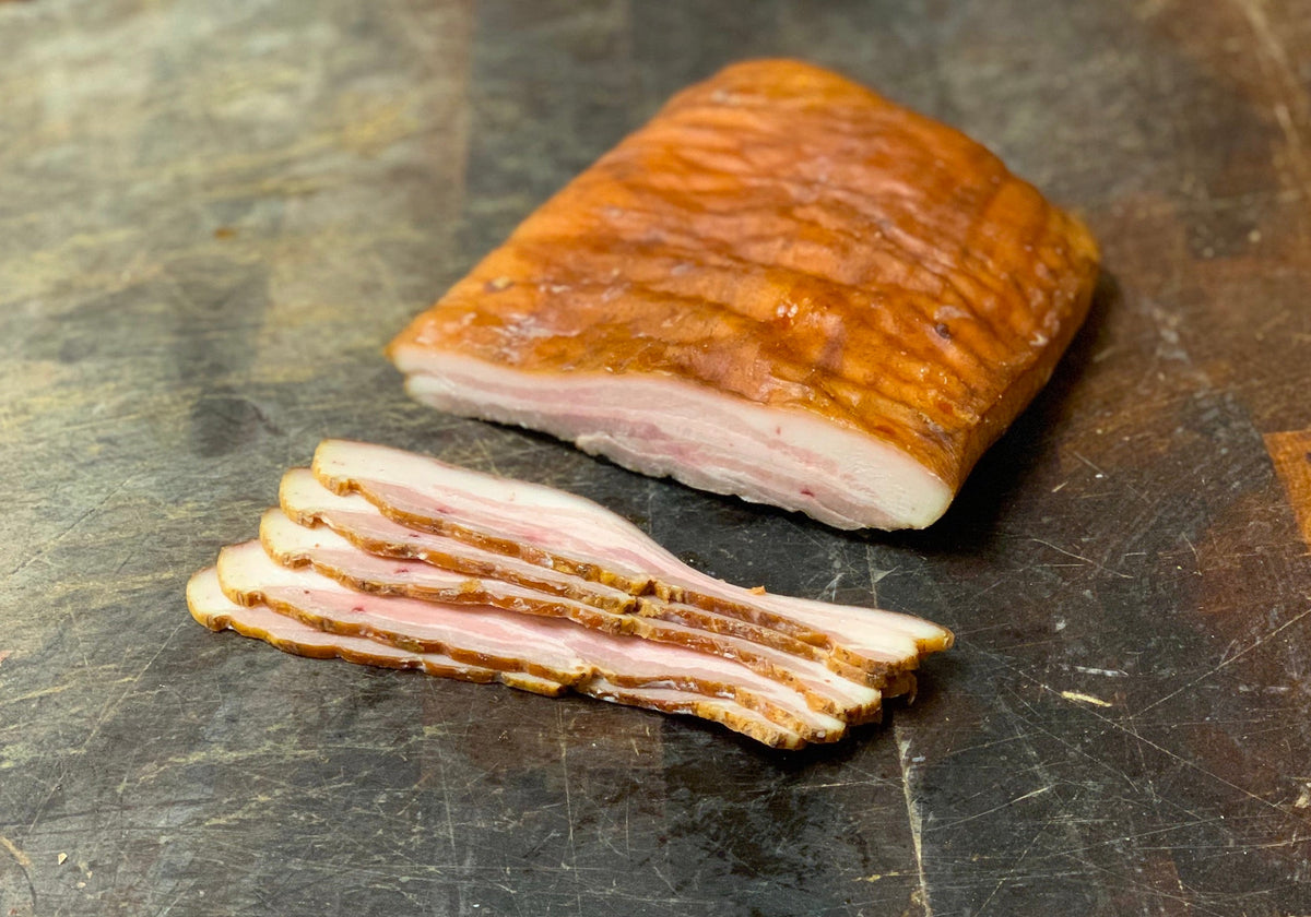 Feather and Bone nitrite-free hot smoked pastured pork bacon loin