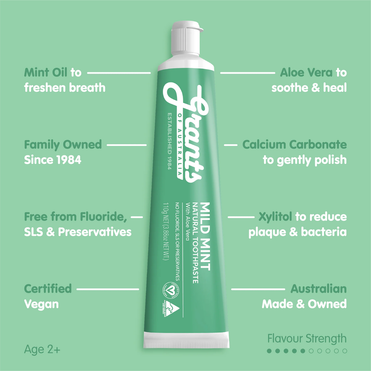 Grants of Australia Mild Mint Natural Toothpaste Fluoride Free 110g