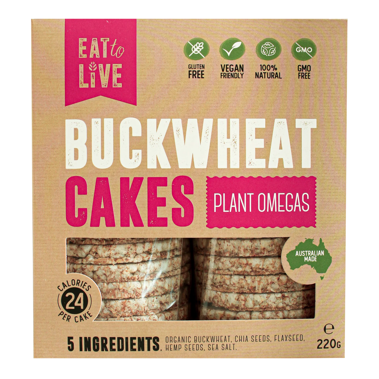 Box of buckwheat cakes with branding and nutritional information on a beige background
