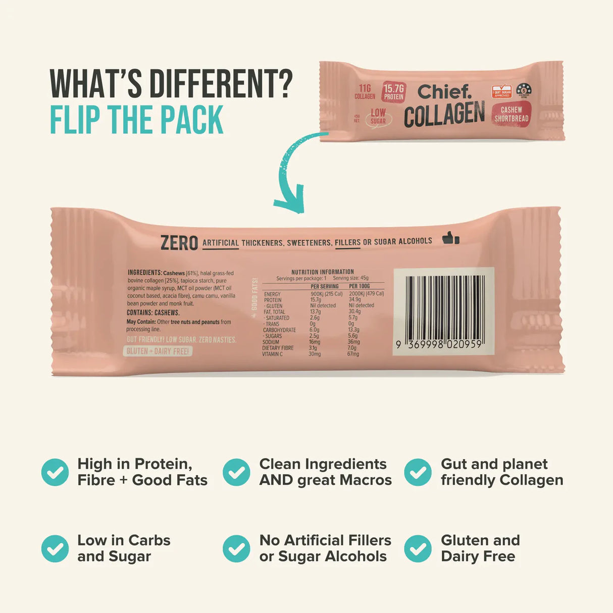 Chief Collagen Protein Cashew Shortbread Bar 45g