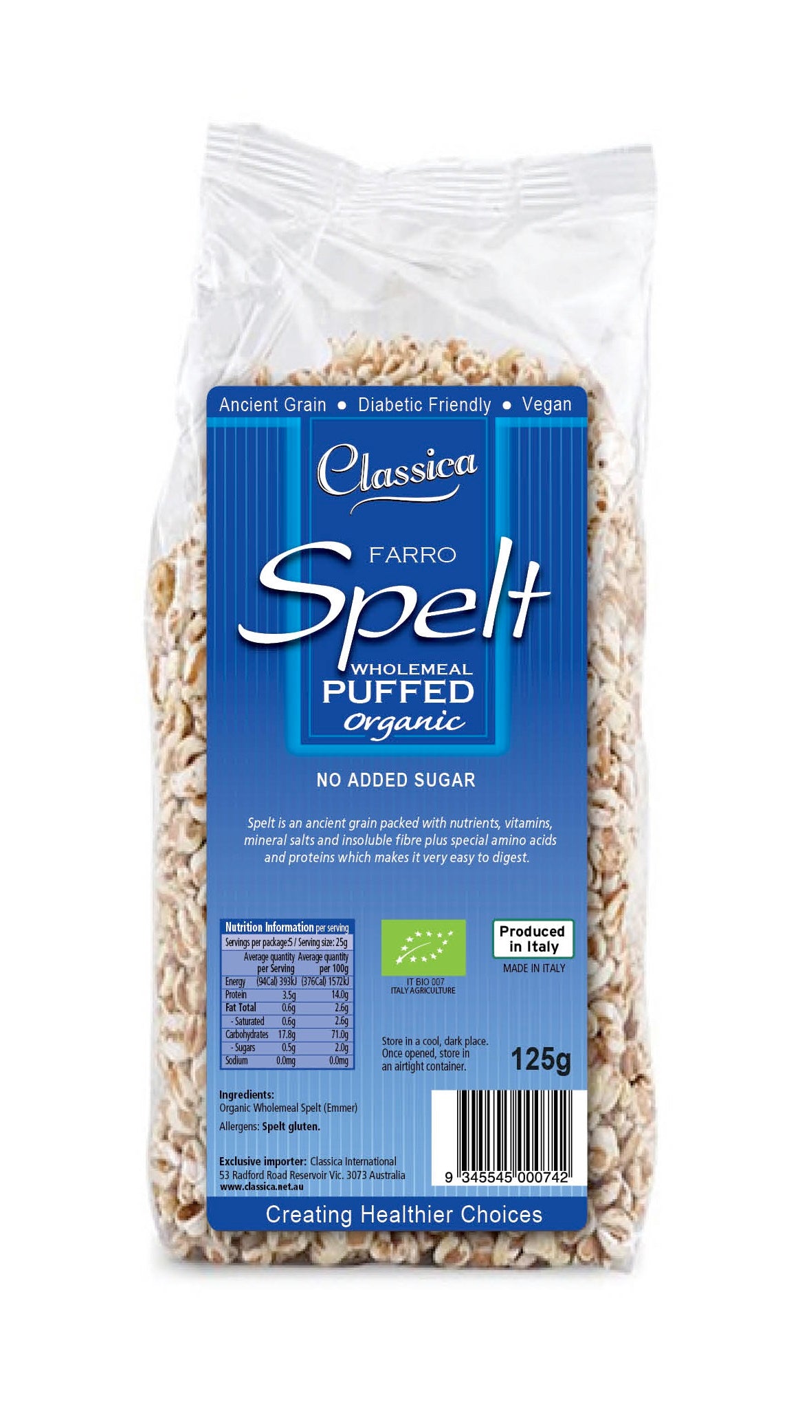Classica Organic Spelt Farro Puffed Cereal 125g