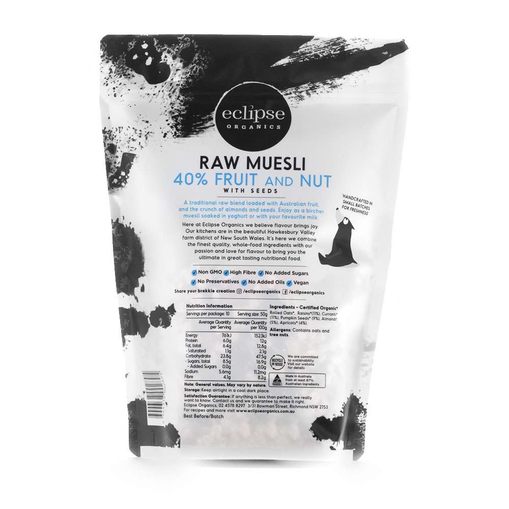 Eclipse Organics Traditional Raw Muesli – 40% Fruit and Nut 500g
