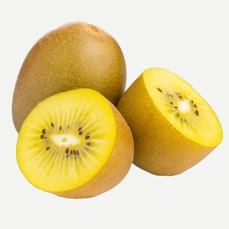 Three kiwis, one whole and two sliced, on a white background