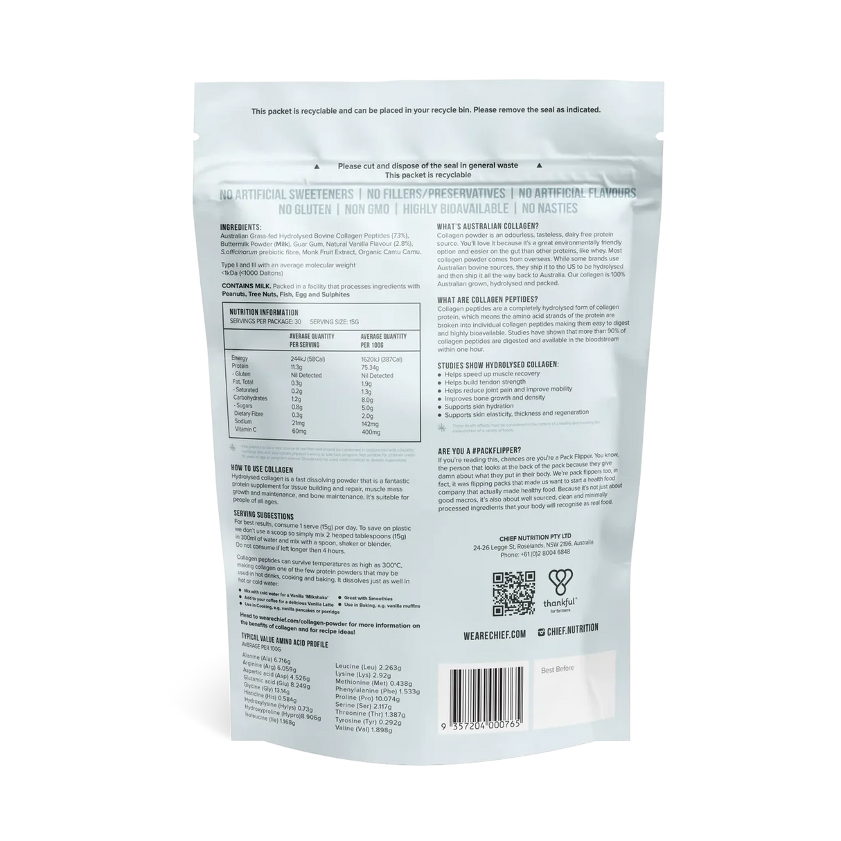 Chief Grass-fed Collagen Protein Powder - Creamy Vanilla 450g