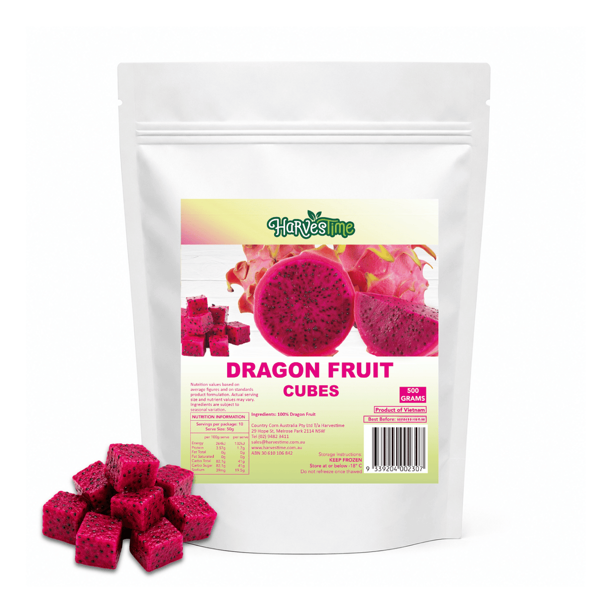 Harvestime Dragon Fruit Cubes 500g pack with pink pitaya cubes