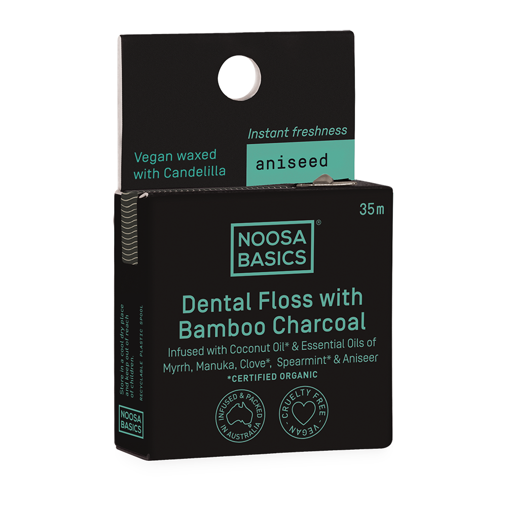 Noosa Basics charcoal and aniseed dental floss vial, 35 metres
