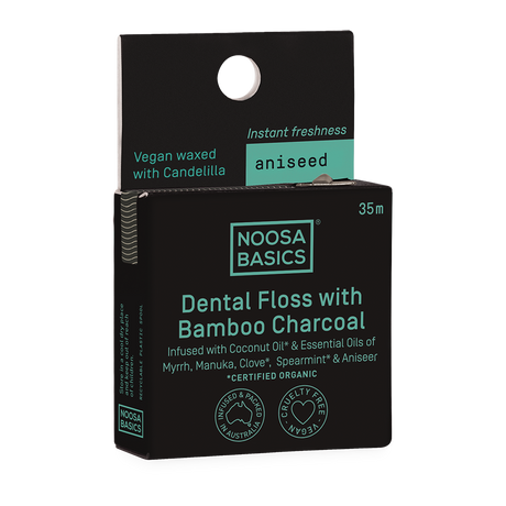 Noosa Basics charcoal and aniseed dental floss vial, 35 metres
