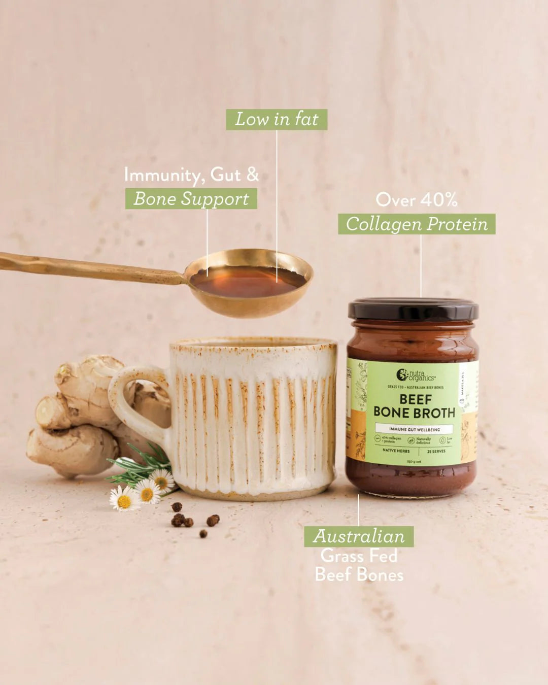 Nutra Organis Beef Bone Broth Concentrate Native Herbs 250g