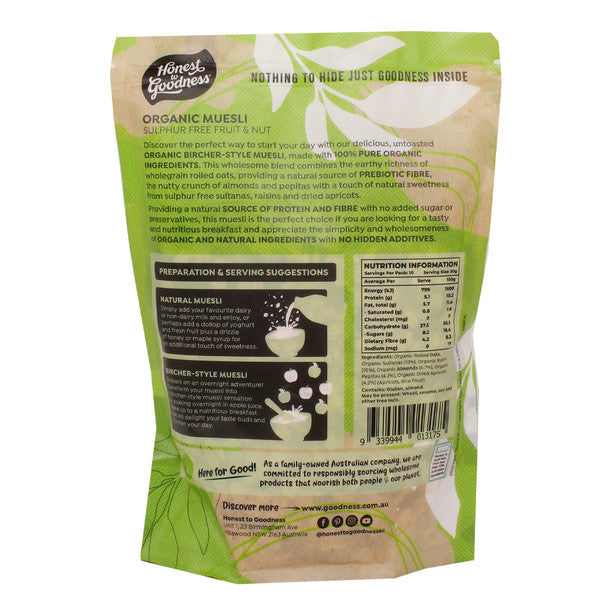 Honest to Goodness Organic Muesli - Sulphur Free Fruit & Nut 500g