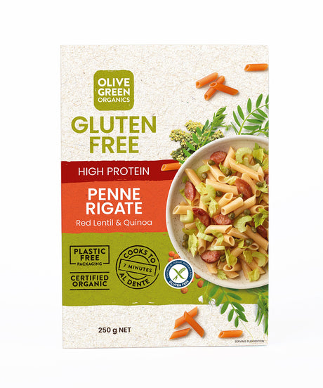 Olive Green Organics High Protein Red Lentil Penne Rigate 250g
