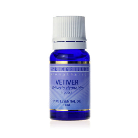 Springfields Vetiver pure essential oil in an 11ml amber bottle