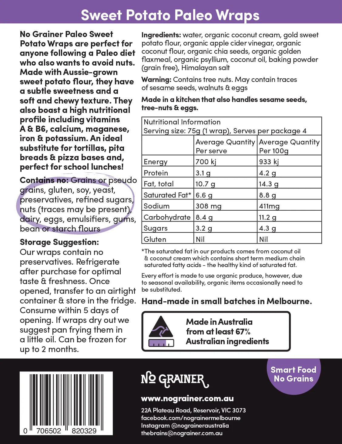 No Grainer Paleo Sweet Potato Wraps 300g