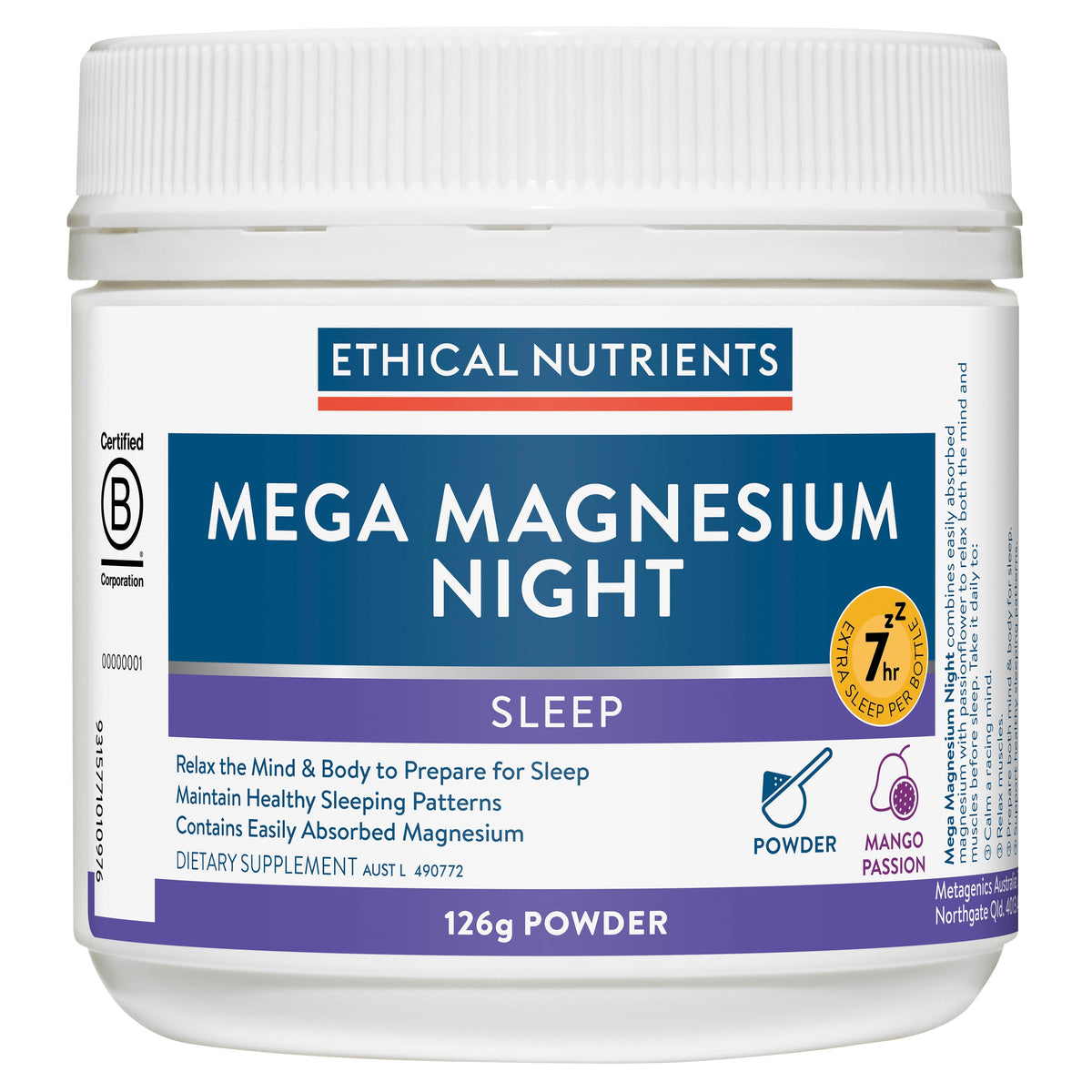 Ethical Nutrients Mega Magnesium Night Powder Mango Passion 126g