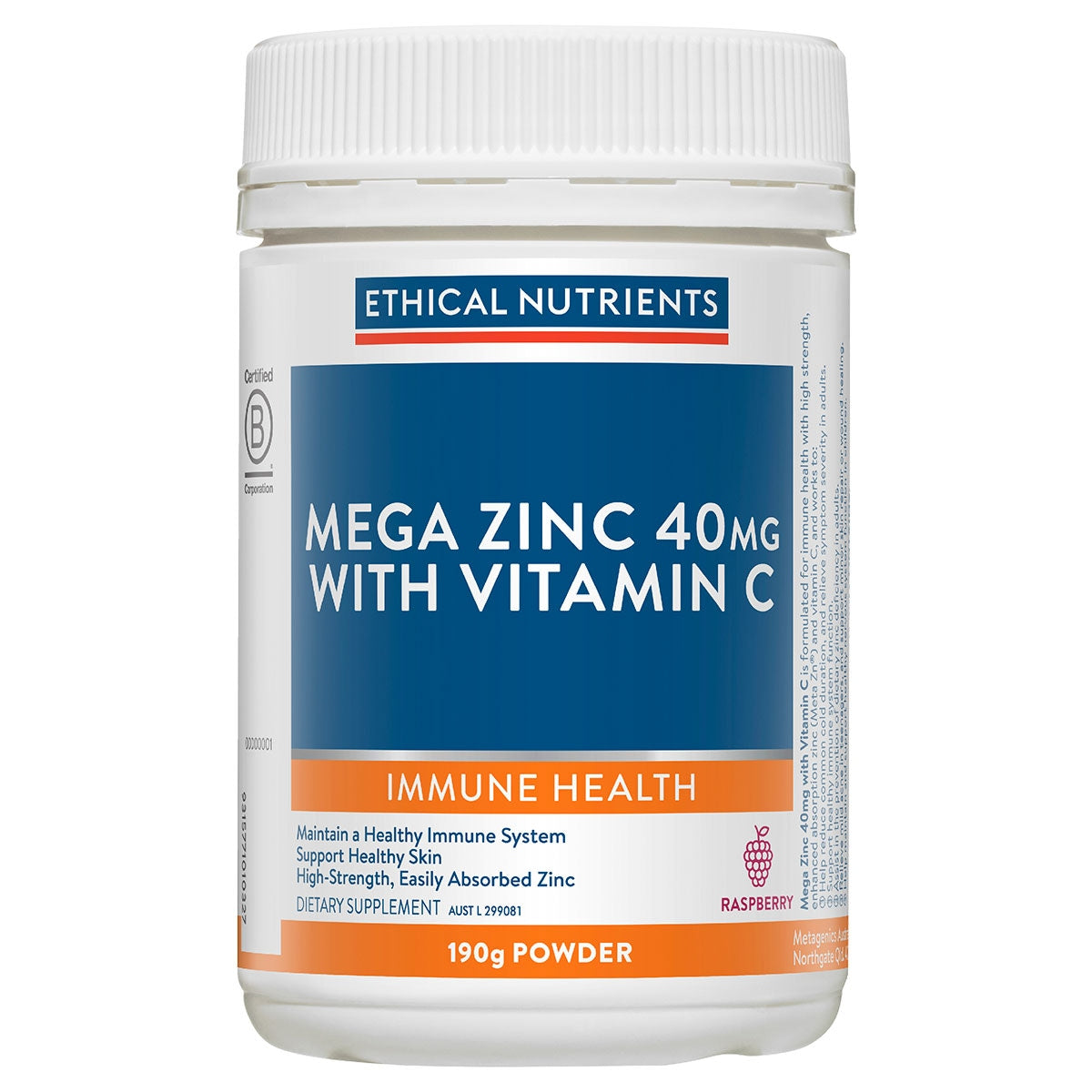 Ethical Nutrients Mega Zinc 40mg with Vitamin C Raspberry 190g