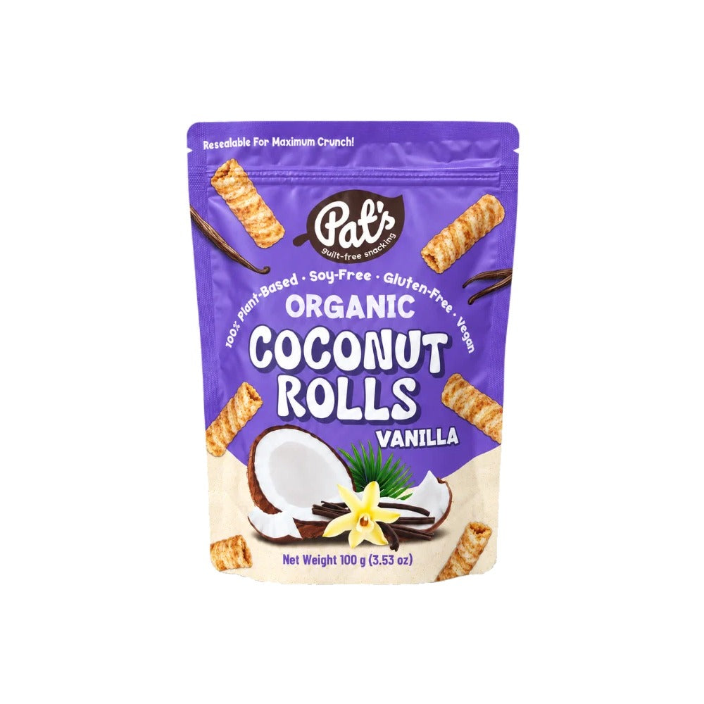 Pat's Organic Coconut Rolls Vanilla 100g resealable pouch