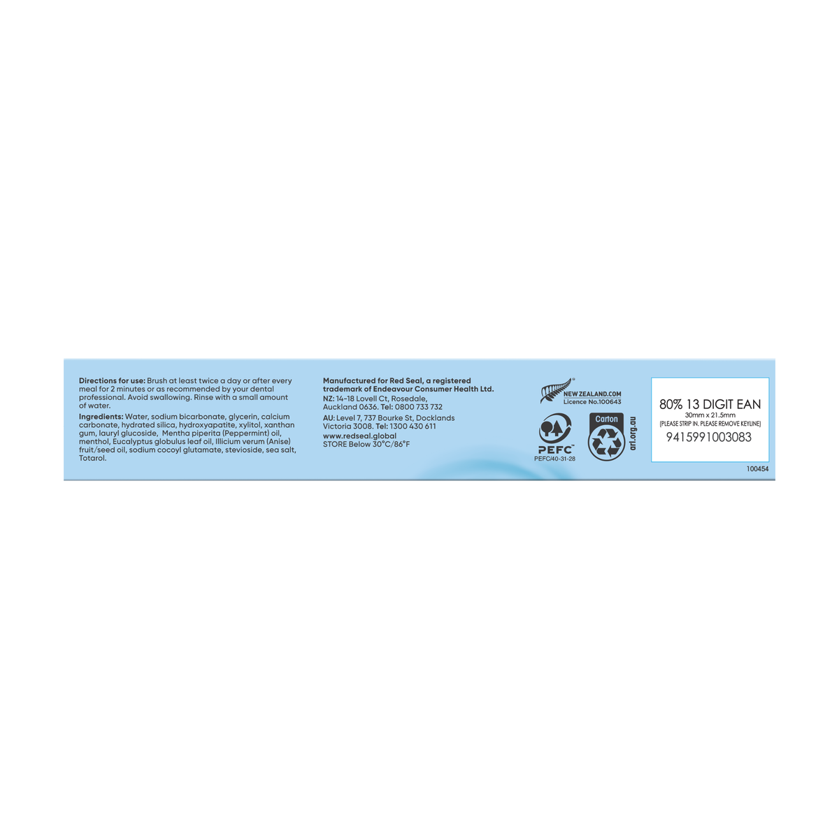 Red Seal Baking Soda Hydroxyapatite Toothpaste 100g back of pack
