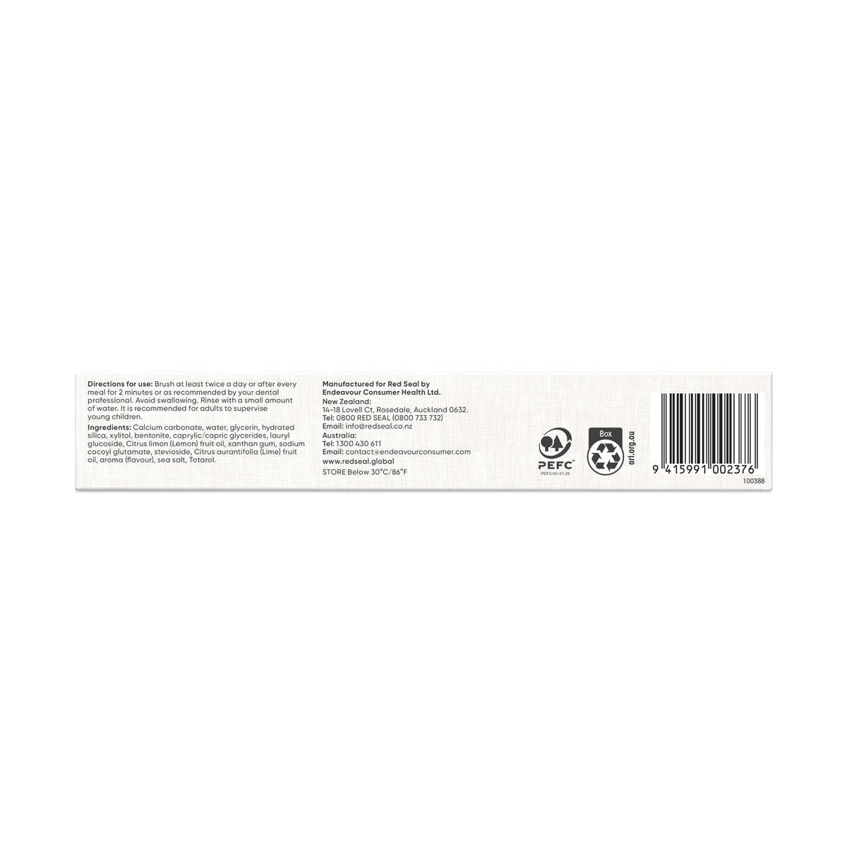 Red Seal Lemon Mint-Free Toothpaste 100g back of pack