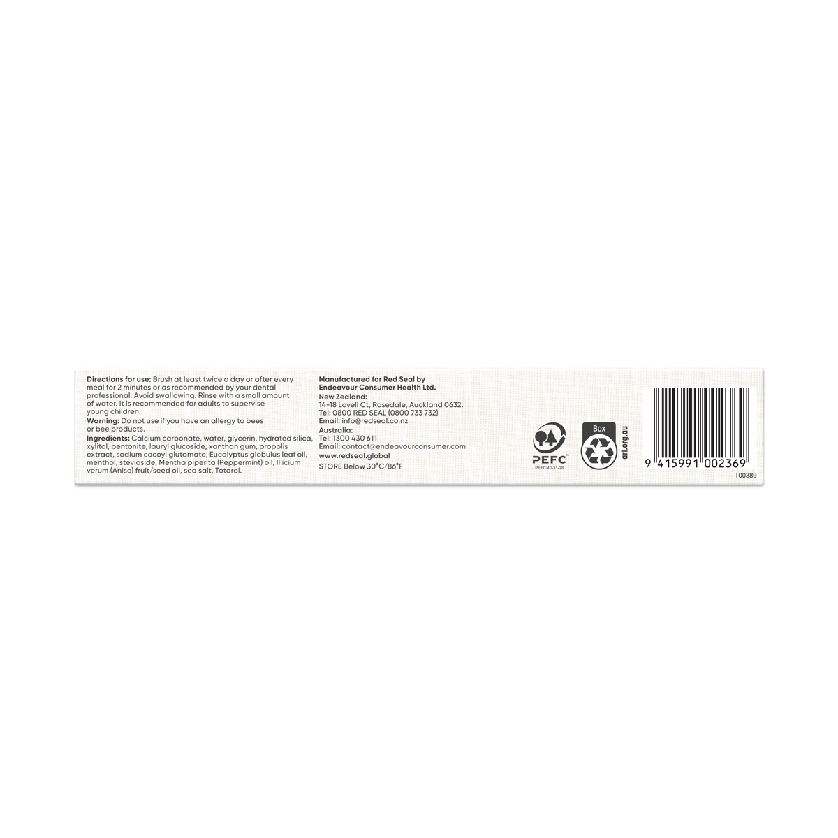 Red Seal Propolis Toothpaste 100g back of pack