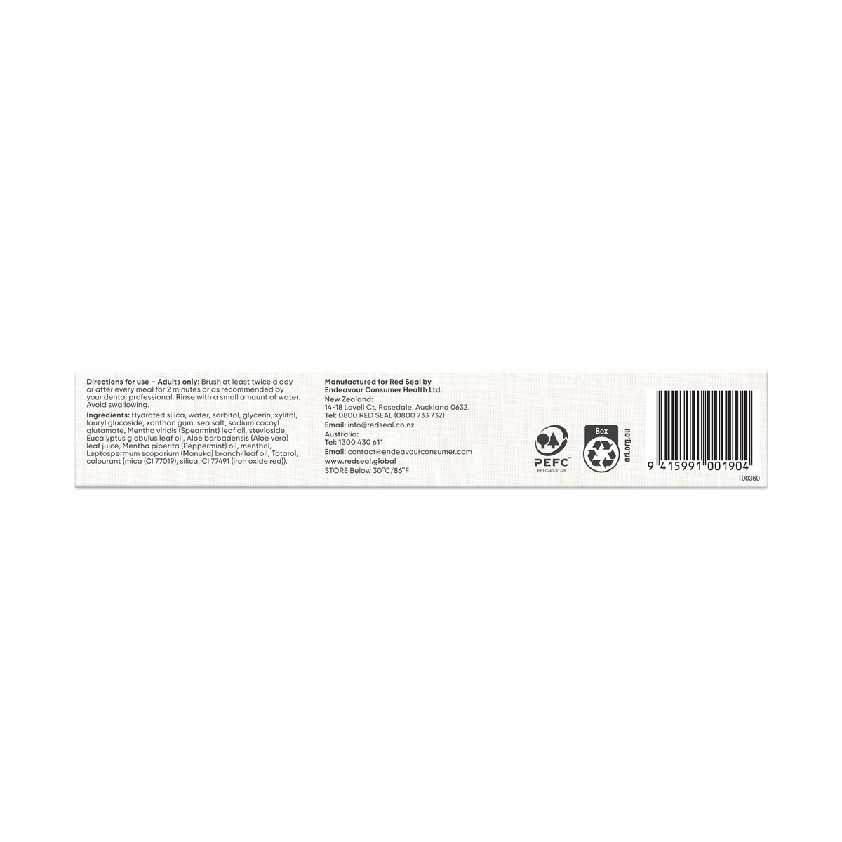 Red Seal Whitening Brilliant Mint Toothpaste 100g back of pack