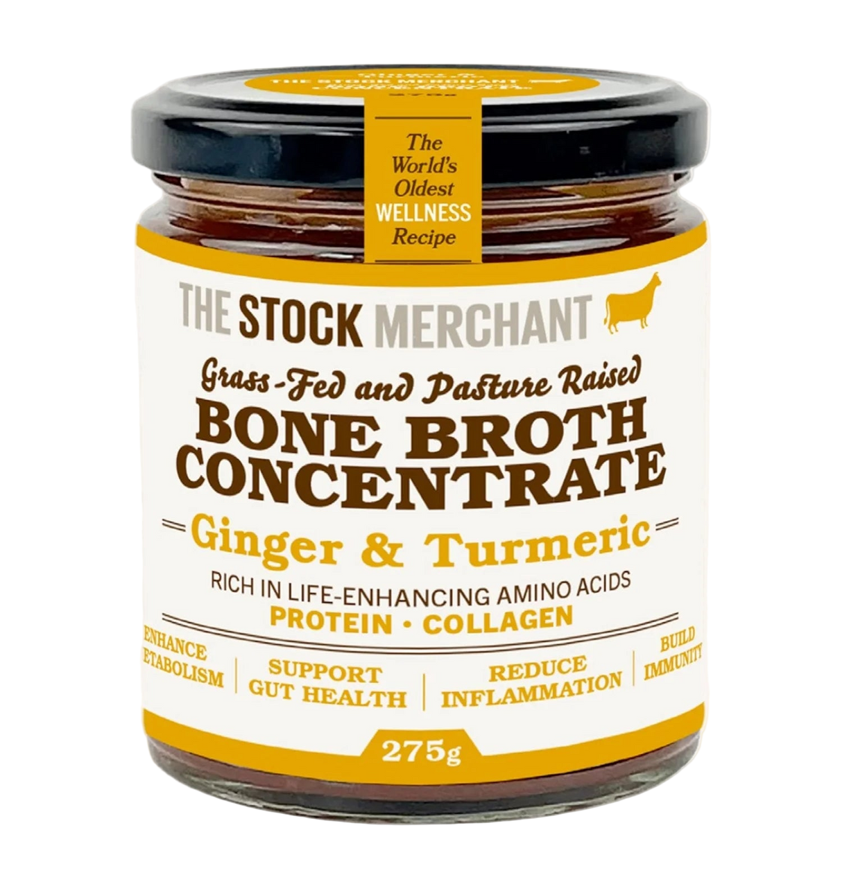 Jar of bone broth concentrate with 'The Stock Merchant' branding on a white background