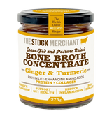 Jar of bone broth concentrate with 'The Stock Merchant' branding on a white background